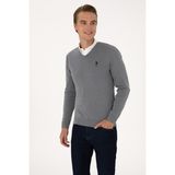 U.S. Polo Assn. Erkek Slim Fit V Yaka Gri Melanj Basic Kazak 50288881-VR086 - Grimelanj