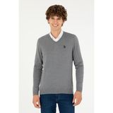U.S. Polo Assn. Erkek Slim Fit V Yaka Gri Melanj Basic Kazak 50293512-VR086 - Grimelanj