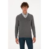 U.S. Polo Assn. Erkek Slim Fit V Yaka Gri Melanj Basic Triko Kazak 50313662-VR086 - Grimelanj - 3XL