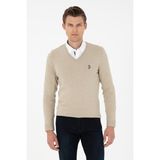 U.S. Polo Assn. Erkek Slim Fit V Yaka Haki Melanj Basic Kazak 50288885-VR193 - Açık Haki Melanj