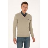 U.S. Polo Assn. Erkek Slim Fit V Yaka Haki Melanj Basic Triko Kazak 50313662-VR193 - Açık Haki Melanj