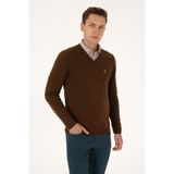 U.S. Polo Assn. Erkek Slim Fit V Yaka Kahverengi Basic Triko Kazak 50313662-VR029