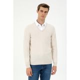 U.S. Polo Assn. Erkek Slim Fit V Yaka Krem Melanj Basic Kazak 50294764-VR159 - 2XL