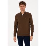 U.S. Polo Assn. Erkek Slim Fit Yarım Fermuarlı Kahverengi Basic Kazak 50313695-VR029