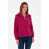 U.S. Polo Assn. Kadın Fuşya V Yaka Fermuarlı Kazak 50293113-VR023 - XS