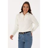 U.S. Polo Assn. Kadın Krem V Yaka Fermuarlı Kazak 50308331-VR256 - İnci - 2XL