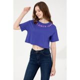 U.S. Polo Assn. Kadın Mavi Bisiklet Yaka Crop Tişört 50248144-VR212