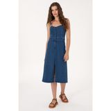 U.S. Polo Assn. Kadın Mavi Midi Boy Yırtmaçlı Jean Elbise 50305565-DN0022 - 34 - Mid Blue