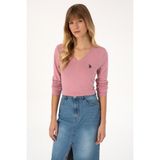 U.S. Polo Assn. Kadın Pembe V Yaka Basic Kazak 50313590-VR167 - Koyu Pembe - 2XL