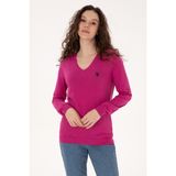 U.S. Polo Assn. Kadın Pembe V Yaka Basic Kazak 50313590-VR252 - Fuşya - Açık Bej - 2XL