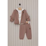 U.S. Polo Assn. Kız Bebek Kahverengi Eşofman Takımı, Kapüşonlu, 3'lü Set, 6-9 Ay