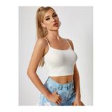 U Yaka Beyaz Renk Desensiz Askılı Omzu Açık Fitilli Likralı Fit Crop Top Bluz