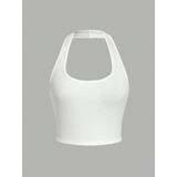 U Yaka Boyundan Askılı Beyaz Renk Omzu Sırtı Açık Kolsuz Likralı Fit Crop Top Bluz (Beyaz, M)