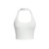 U Yaka Boyundan Askılı Beyaz Renk Omzu Sırtı Açık Kolsuz Likralı Fit Crop Top Bluz (Beyaz, S)