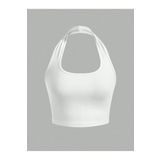 U Yaka Boyundan Askılı Beyaz Renk Omzu Sırtı Açık Kolsuz Likralı Fit Crop Top Bluz