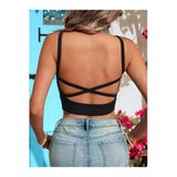 U Yaka Çapraz Askılı Siyah Renk Omuzu Sırtı Açık Kolsuz Likralı Ribana Crop Top Bluz