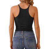 U Yaka İp Askılı Yüzücü Sırt Siyah Crop Top Bluz Atlet (Siyah, L)