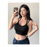 U Yaka İpli Askılı Siyah Renk Fitilli Crop Top Bluz