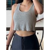 U Yaka Omuzu Açık Eteği Salaş Gri Renk Fitilli Crop Top Bluz
