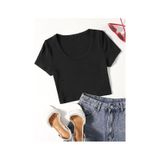 U Yaka Siyah Renk Fitilli Kısa Kollu Regular Crop Top Bluz