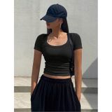 U Yaka Siyah Renk Fitilli Kısa Kollu Slim Fit Crop Top Bluz