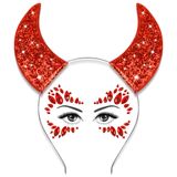 U-Zomir Şeytan Boynuzları Kafa Bandı Yüz Takı Seti, Kırmızı Şeytan Boynuzları ve Yüz Taşları Çıkartmaları, Cadılar Bayramı Fantezi Elbise Cosplay Şeytan Kostüm Aksesuarı Kadınlar ve Kızlar için