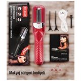 UA Store Saç Kırığı Alma Makinası Kırmızı 25 mm Titanyum Plaka ile Etkili Kullanım Makyaj Süngeri Hediyeli