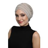 Üç Bantlı Bej Hazır Türban Tesettür Havuz Bonesi