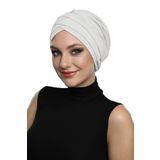 Üç Bantlı Krem Hazır Türban Tesettür Havuz Bonesi