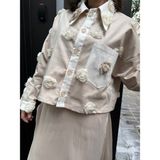 Üç Boyutlu Çiçekli Gabardin Çift Renk Oversize Gömlek - Bej - Beyaz - Standart