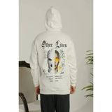 Üç İplik Şardonlu Erkek Sıcak Tutan Beyaz Sırt Baskılı Kapüşonlu Sweatshirt