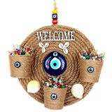 Üç Saksılı Welcome Yazılı Deniz Kabuklu Nazar Boncuklu Hasır Kapı Süsü