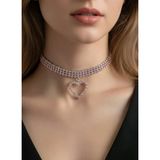 Üç Sıralı Kalp Figürlü Kristal Taşlı Choker Tasma Pembe Renk Kolye