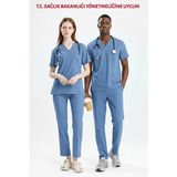 Uçak İş Giyim Alaska Mavisi Doktor Hekim Forması Likralı Scrubs Takım (Alaskan Blue) - 4XL - Buz Mavisi