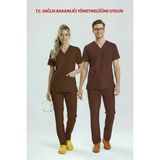 Uçak İş Giyim KAHVERENGİ HASTANE FORMASI LİKRALI SCRUBS TAKIM (FRIAR BROWN) - Kahverengi - 2XS