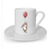 Uçan Balon ve Tavşan Baskılı Beyaz Türk Kahvesi Fincanı - 001-Renkli - 50 ml