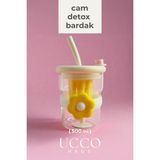 Ucco 500ml Papatya Desenli Pipetli Cam Detox Termos Matara Bardak - Su Meşrubat Limonata Bardağı/607B - Sarı