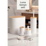 Ucco 6 Parça Banyo Seti - Bambu Kapaklı Banyo Organizeri - Çöp Kovası Diş Fırçalık Sabunluk Banyo Fırçası