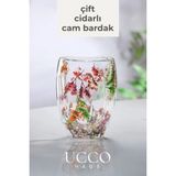 Ucco Çift Cidarlı 350 ml Çiçekli Borosilikat Cam Bardak – Isıya Dayanıklı Şık Kahve Su Meşrubat Limonata - Renkli