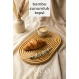 Ucco Doğal Bambu Sunumluk - 33X20X1,3CM– Kahve, Tatlı, Peynir Oval Oluklu Servis Tabağı Tepsi