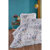 Uçkan Home %100 pamuk çift kişilik nevresim takımı fırfırlı süs dikişli mavi çiçek desen
