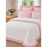 Uçkan Home %100 Pamuk Fırfırlı Çift Kişilik Yatak Örtüsü Seti - Beyaz - Pembe - 200 x 230 cm