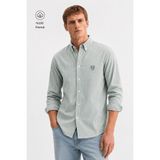 Ucla Hugh Yeşil Nakışlı %100 Pamuk Çizgili Standard Fit Erkek Gömlek - 2XL
