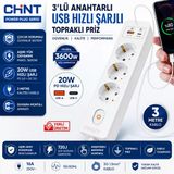 Üçlü Anahtarlı Usb Hızlı Şarjlı (20W) Topraklı Priz, 3M, Çocuk Korumalı