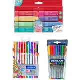 Üçlü Bullet Journal ve Not Tutma Seti Faber Castell 8'li Pastel Fosforlu + Pensan Myking 10'lu Simli + Pensan Triball 1.0 Tükenmez Kalem 8'li - Çok Renkli - Standart