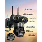 Üçlü Lens 6mp 4g Sım Ptz Dış Mekan Güvenlik Kamerası: 360 Panoramik, 7/24 Kayıt, Hareket Sensörlü Alarm, Gece Görüş, Suya Dayanıklı Gövde