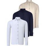 Üçlü Set G721 Dewberry Erkek Gömlek-Lacivert-Beyaz-Bej - 3XL - Lacivert - Beyaz - Bej