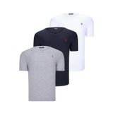 ÜÇLÜ SET T8568 DEWBERRY V YAKA ERKEK T-SHIRT-KOYU LACİVERT-KAR BEYAZ-AÇIK GRİ