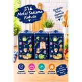 UCR HOME 3'lü Aynı Boy Çay Kahve Bakliyat Deterjan Kedi Köpek Maması Metal Saklama Kutusu Sonbahar Bahçe Desenli Lacivert Kavanoz Seti