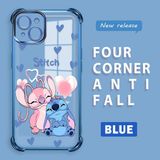 Ucuc iPhone 15 Plus Uyumlu Şeffaf Silikon Köşe Koruma Lens Korumalı Elektroplatlı Kenar Kılıf Sevimli Stitch - Mavi
